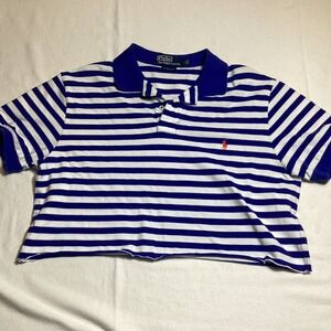 Polo Ralph Lauren Striped Cropped Polo Shirt Blue White womams Large Custom Fit